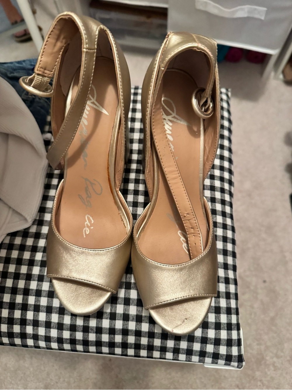 Women's Gold Peep-Toe Ankle Strap Heels